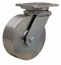 Caster; Swivel; 4" x 2"; Stainless Steel Yoke, Solid SS Steel and Prec Ball Bearings; Plate (4"x4-1/2"; holes: 2-5/8"x3-5/8" slots to 3"x3"; 3/8" bolt); 1250# (Item #63225)