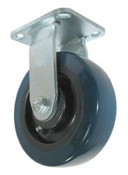 Caster; Rigid; 5" x 1-1/2"; PolyU on PolyO (Blue); Top Plate (4"x4-1/2"; holes: 2-5/8"x3-5/8" slotted to 3"x3"; 3/8" bolt); Zinc; Delrin Brng; 450# (Item #66190)