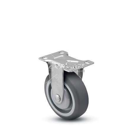 (image for) Caster; Rigid; 4"x1-1/4"; TPR Rubber (Gray); Plate (2-5/8"x3-3/4"; holes: 1-3/4x2-3/4 slotted to 3; 5/16 bolt); Prec Ball Brng; 280#; Bearing Cover (Item #64976)