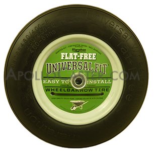 Flat Free Wheelbarrow Wheel; 4.80/4.00-8 (16\" x 3-1/2\"); Ball Brng; 5/8\" Bore; 6\" Hub Length; 500#; Centered One-piece Hub; Ribbed Tread (Item #88707)