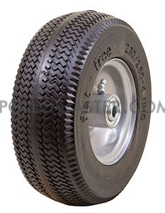 Caster; Rigid; 10\" x 4\"; Flat Free Tire (Black); Plate (4\"x4-1/2\"; holes: 2-5/8\"x3-5/8\" slots to 3\"x3\"; 3/8\" bolt); Zinc; Prec Ball Brngs; 440#; Made in USA (Item #62966)