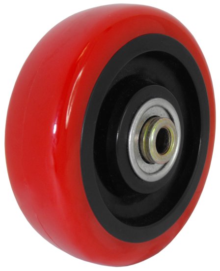 Caster; Swivel; 5\" x 1-1/4\"; PolyU on PolyO (Red); Grip Ring (7/16\" x 1-3/8\"); Zinc; Ball Brng; 300#; Brake (Item #64353)