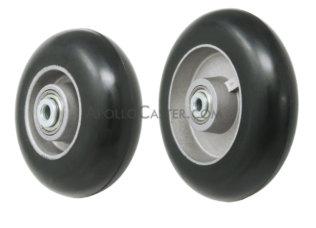 (image for) Wheel; 6\" x 2\"; Balloon Rubber (60) on Alum; Steel 6305 Prec Ball Brng and Steel Top Hat Bushings; 1/2\" Bore; 2-3/16\" Hub Length; 650# (Item #87903)