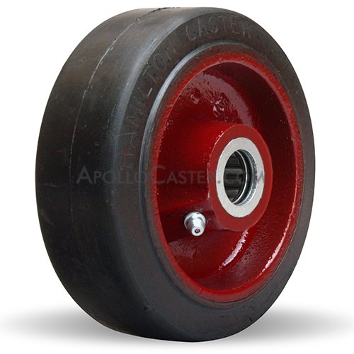 Wheel; 6\" x 2\"; Rubber on Red Cast Iron; Plain bore; 1-7/16\" Bore; 2-1/4\" Hub Length; 410# (Item #87702)