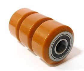 (image for) Pallet Jack Wheel; 5-1/2"x2"; PolyU (Orange) on Alum; twin 6205 ball bearings installed; 1200#; 1" Bore; 1-7/8" Hub Length (Item #89322)