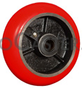 (image for) Caster; Swivel; 8" x 2"; 95A Red PolyU (Donut) on Cast; Plate (4"x4-1/2"; holes: 2-5/8"x3-5/8" slots to 3"x3"; 3/8" bolt); Zinc; Prec Ball Brng; 1000# (Item #64545)