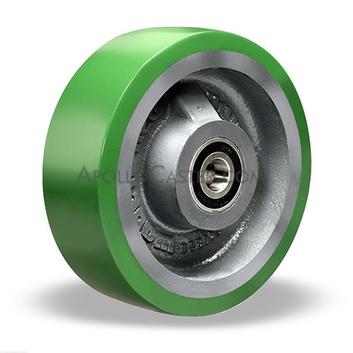 Wheel; 6\" x 2\"; Green 90A PolyU on Cast Iron; Roller Brng; 1\" Bore; 2-1/4\" Hub Length; 1200# (Item #87678)