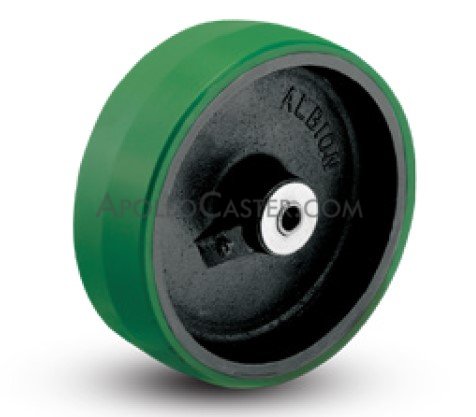 Wheel; 10\" x 3\"; PolyU on Cast Iron (Green on Black); Roller Brng; 1-1/2\" Bore; 3-1/4\" Hub Length; 3000# (Item #87588)