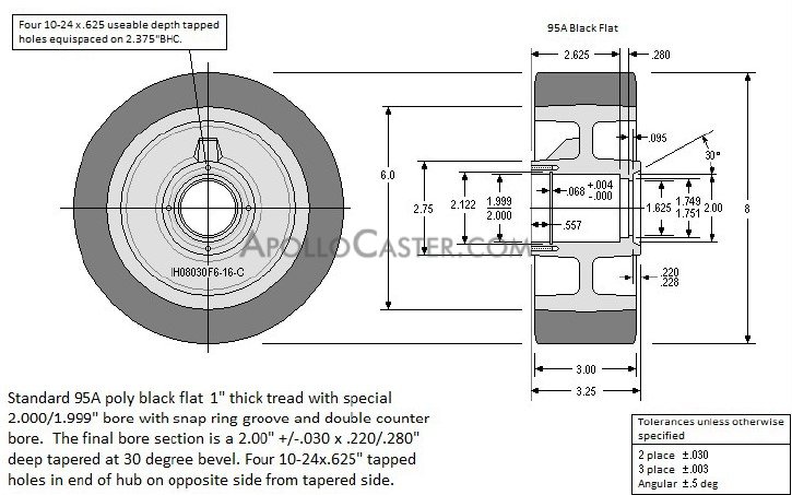 Wheel; 8\" x 3\"; PolyU (1\"; 95A) on HD Cast; 2\" Stepped Plain Bore with Snap Ring Groove; Dbl. Counter Bore 3-1/4\" Hub Length; 3200#; Made in USA; Threaded Cap (Item #87605)
