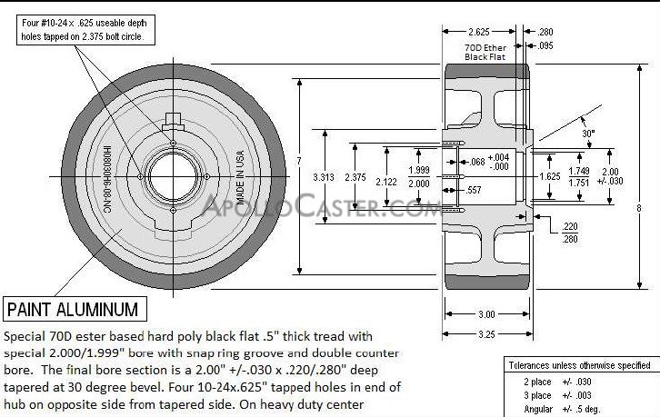 Wheel; 8\" x 3\"; PolyU on HD Cast Iron (1/2\"; 70D; black tread); 2\" Stepped Bore; Snap Ring groove; dbl counter bore 3-1/4\" Hub Length; 3200#; Made in USA (Item #87606)
