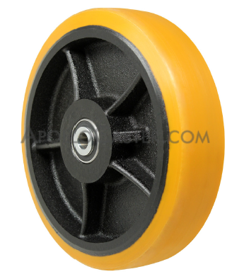 Wheel; 6\" x 2\"; PolyU (1/2\" HD Yellow; 95A) on Cast Iron; Prec 6203 Ball Brngs; 1/2\" Bore; 2-7/16\" Hub Length; 2000# (Item #87381)
