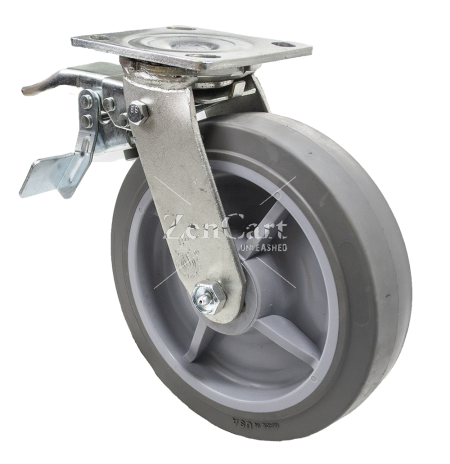 (image for) Caster; Swivel; 6" x 2"; Thermoplastized Rubber; Plate (4"x4-1/2"; holes: 2-5/8"x3-5/8" slots to 3"x3"; 3/8" bolt); Zinc; Roller Brng; 500#; Total Lock (Leading (Item #66012)