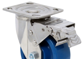 (image for) Yoke; Swivel; 8" x 2"; Plate (4"x4-1/2"; holes: 2-5/8"x3-5/8" slots to 3"x3"; 3/8" bolt); Stainless; 1/2" Bore; 2-7/16" Hub Length; 1250#; Total Lock (Trailing) (Item #87031)
