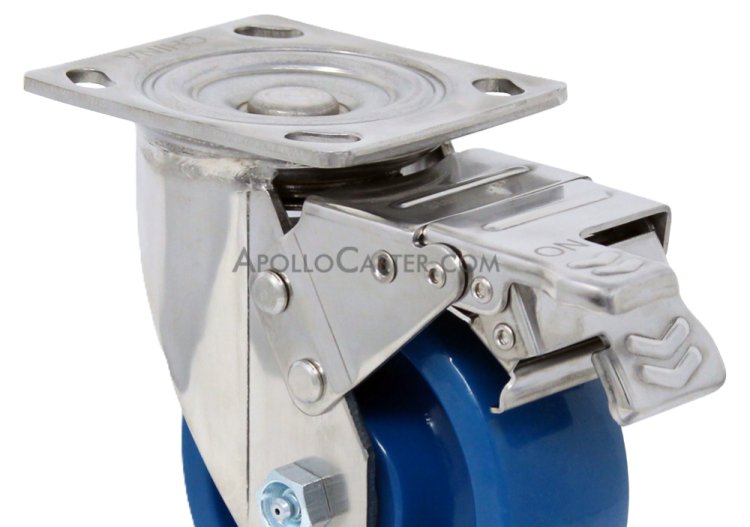 (image for) Yoke; Swivel; 8\" x 2\"; Plate (4\"x4-1/2\"; holes: 2-5/8\"x3-5/8\" slots to 3\"x3\"; 3/8\" bolt); Stainless; 1/2\" Bore; 2-7/16\" Hub Length; 1250#; Total Lock (Trailing) (Item #87031)