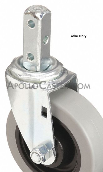 (image for) Yoke, Axle & Nut; Swivel; 5\" x 1-1/4\"; Square Stem (3/4\" x 2-1/8\"; three 17/64\" holes at 1/2\"; 1-1/8\" and 1-3/4\"); Zinc; 3/8\" Bore; 1-9/16\" Hub Length; 300# (Item #86986)