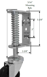 Gate Caster Bracket (2"x5-3/8"; holes 15/16"x3" apart); Accepts 7/16" Grip Ring stem caster; Max 5" wheel; 230# to full spring compression. 2" of movement. (Item #88470)