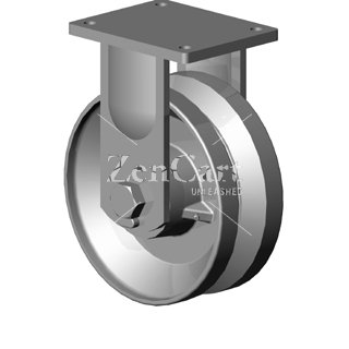 (image for) Caster; Rigid; 8" x 3"; V-Groove (7/8) Cast Iron; Plate (5-1/4"x7-1/4"; holes: 3-3/8"x5-1/4" slotted to 4-1/8"x6-1/8"; 1/2" bolt); Zinc; Roller Brng; 2800# (Item #68769)