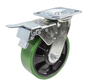 (image for) Caster; Swivel; 5" x 2"; PolyU on Nylon; Plate (4"x4-1/2"; holes: 2-5/8"x3-5/8" slots to 3"x3"; 3/8" bolt); Zinc; Roller Brng; 1000#; Total Lock (Trailing) (Item #63940)