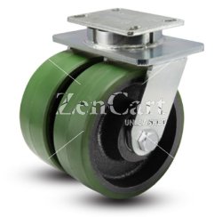 (image for) Caster; Dual; Swivel; 6"x3" (x 2); PolyU on Cast; Plate (5-1/4"x7-1/4"; holes 3-3/8x5-1/4 (slotted to 4-1/8x6-1/8; 1/2 bolt); Roller Brng; 4000#; Kingpinless (Item #64685)