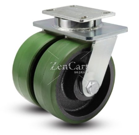 (image for) Caster; Dual; Swivel; 6"x3" (x 2); HD PolyU on Cast; Plate (5-1/4"x7-1/4"; holes 3-3/8x5-1/4 (slotted to 4-1/8x6-1/8; 1/2 bolt); Roller Brng; 6000#; Kingpinless (Item #64684)