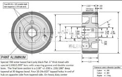 (image for) Wheel; 8" x 3"; PolyU on HD Cast Iron (1/2"; 70D; black tread); 2" Stepped Bore; Snap Ring groove; dbl counter bore 3-1/4" Hub Length; 3200#; Made in USA (Item #87606)