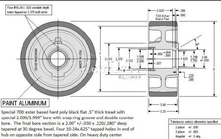 (image for) Wheel; 8" x 3"; PolyU on HD Cast Iron (1/2"; 70D; black tread); 2" Stepped Bore; Snap Ring groove; dbl counter bore 3-1/4" Hub Length; 3200#; Made in USA (Item #87606)