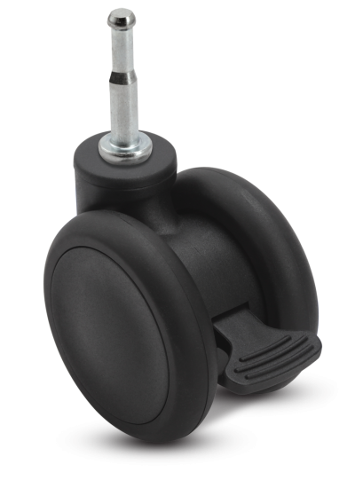 Caster; Twin Wheel; Swivel; 65mm; Thermoplastized Rubber (Black); Grip Neck (5/16x1-1/2); Black; Riveted Axle; 110#; Wheel Brake (Item #66693)