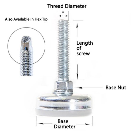 (image for) Glide; Base is 3/8\" x 2-1/8\"; Threaded Stem (1/2\"-13TPI x2\"); Clear Poly pad with zinc coated steeel with base nut; non-swiveling (Item #87413)