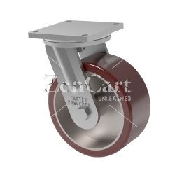 (image for) Caster; Swivel; 12"x5"; PolyU on Cast (Red); Plate (8-1/2"x8-1/2"; holes: 7"x7"; 5/8" bolt); Zinc; Roller Brng; 6250#; Position Lock (4-way); PolyCam Brake (Item #66927)