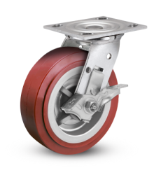 Caster; Swivel; 4"x2"; PolyU on PolyO (Red); Plate (4x4-1/2; holes: 2-5/8x3-5/8 slotted to 3x3; 3/8 bolt); Stainless; Stainless Roller Brng; 700#; Tread Brake (Item #67266)