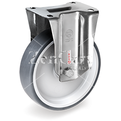 (image for) Caster; Rigid; 3-1/2" x 1-1/4"; Thermoplastized Rubber (Gray); Plate (2-1/2"x3-5/8"; holes: 1-3/4"x2-7/8" slots to 3"; 5/16" bolt); Stainless; 300# (Item #64383)