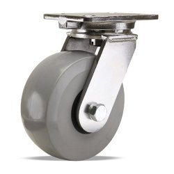 Caster; Swivel; 8" x 3"; Polyurethane (Gray); Plate (5-1/4"x7-1/4"; holes: 3-3/8"x5-1/4" slotted to 4-1/8"x6-1/8"; 1/2" bolt); Zinc; Sealed Prec BB; 3000# (Item #66212)