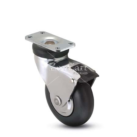(image for) Caster; Std; Swiv; 3" x 15/16"; Rubber; Soft; Plate; 1-1/4"x2-3/8"; holes: 13/16"x1-1/4"; 3/16" bolt; Chrome; Prec Ball Brng; Hooded; Brake; Thread Guards; 110# (Item #65775)