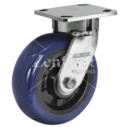 (image for) Caster; Swivel; 6" x 2"; PolyU on PolyO (Blue); Plate (4"x4-1/2"; holes: 2-5/8"x3-5/8" slots to 3"x3"; 3/8" bolt); Stainless; Stainless Prec BB; 1100 (Item #63675)