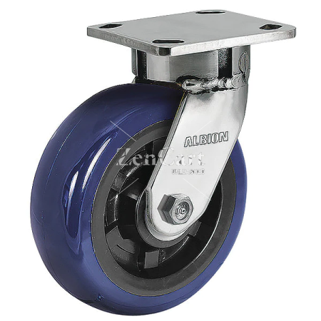 (image for) Caster; Swivel; 6" x 2"; PolyU on PolyO (Blue); Plate (4"x4-1/2"; holes: 2-5/8"x3-5/8" slots to 3"x3"; 3/8" bolt); Stainless; Stainless Prec BB; 1100 (Item #63675)