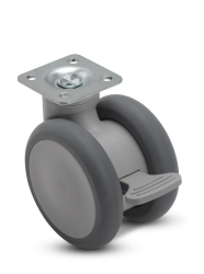 Caster; Twin Wheel; Swivel; 65mm; Thermoplastized Rubber (Gray); Plate (1-1/2" x 1-1/2"; holes: 1" x 1"; 3/16" bolt);Riveted Axle; 110#; Pedal Brake (Item #65400)