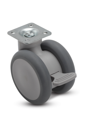 (image for) Caster; Twin Wheel; Swivel; 65mm; Thermoplastized Rubber (Gray); Plate (1-1/2" x 1-1/2"; holes: 1" x 1"; 3/16" bolt);Riveted Axle; 110#; Pedal Brake (Item #65400)