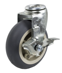 Caster; Swivel; 5" x 2"; ThermoPlastic Rubber Donut (Gray); Hollow Kingpin (1/2" bolt hole); Zinc; Roller Brng; 450#; Tread Brake (Item #64273)