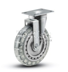 (image for) Caster; Swivel; 6"x1-1/4"; Polyurethane (Clear); Plate (2-5/8"x3-3/4"; holes: 1-3/4"x2-3/4" slotted to 3"; 5/16" bolt); Zinc; Ball Brng; 300#; Dustcap (Item #64754)
