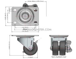 (image for) Caster; Dual Wheel; Swivel; 2" x 7/8" (x2); Rubber (Nonmarking); Plate (2-5/8"x3-3/4; holes: 1-3/4x2-3/4" slots to 3"; 5/16 bolt); Zinc; Plain bore; 225#; Brake (Item #66518)