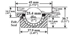 (image for) Ball Transfer; 1"; Nylon Ball; Round Drop-in Base (1-1/2" x 11/16"); Machined Steel Housing; 440#; 9/16" Load Height; Weep Hole(s) (Item #88169)