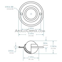 (image for) Ball Transfer; 1"; Nylon Ball; Flange; Round (2-1/4" diameter: two holes: 1-3/4" apart); Carbon Steel housing; 75#; Load height: 5/8"; Recessed depth 5/8" (Item #88854)