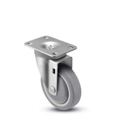 Caster; Swivel; 5" x 1-1/4"; ThermoPlstc Rbr (Gray); Plate (2-3/8"x3-5/8"; holes: 1-3/4"x2-7/8" slotted to 3"; 5/16" bolt); Zinc; Spanner; 275#; Metal Dust Cvr (Item #66311)