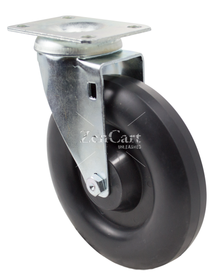 (image for) Caster; Swivel; 6" x 1-1/4"; Crowned Polyolefin; Plate (2-5/8"x3-3/4"; holes: 1-3/4"x2-3/4" slotted to 3"; 5/16" bolt); Zinc; Steel Spanner; 300#; Dustcap (Item #64638)