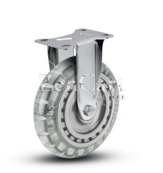 (image for) Caster; Rigid; 6"x1-1/4"; Polyurethane (Clear); Plate (2-5/8"x3-3/4"; holes: 1-3/4"x2-3/4" slotted to 3"; 5/16" bolt); Zinc; Ball Brng; 300# (Item #64753)