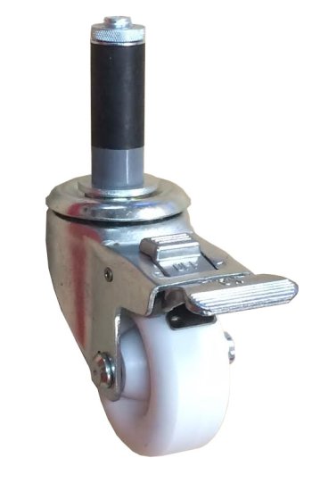 (image for) Caster; Swivel; 3\" x 1-1/4\"; White Crowned Polyolefin; Expandable Adapter (1-1/8\"-1-3/16\" ID tubing); Zinc; Plain bore; 300#; Pedal Lock; Both; Dustcap (Item #69289)