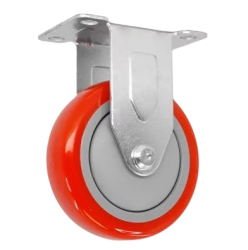 Caster; Rigid; 4" x 1-1/4"; PolyU on PolyO (Red); Plate (2-1/2"x3-5/8"; holes: 1-3/4"x2-7/8" slots to 3"; 5/16" bolt); Stainless Yoke/ Axle; Prec BB; 300# (Item #63229)