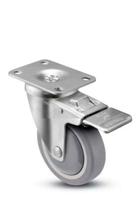(image for) Caster; Swivel; 4" x 1-1/4"; PolyU on PolyO; Plate (2-5/8"x3-3/4"; holes: 1-3/4"x2-3/4" slots to 3"; 5/16" bolt); ; Prec BB; 300#; Dust Cvr (Plstc); Ttl Lock (Item #64122)
