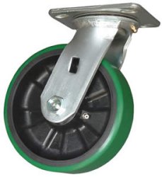 Caster; Swivel; 4" x 2"; PolyU on Cast; Plate; 4-1/2x6-1/4; holes: 2-7/16x4-15/16 (slotted to 3-3/8x5-1/4); 3/8 bolt; Zinc; Roller Brg; 800# (Color may vary) (Item #69904)