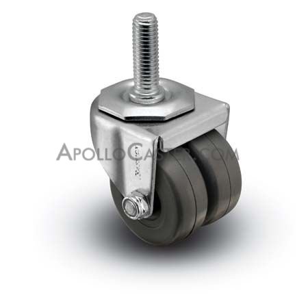 Caster; Dual Wheel; Swivel; 2\" x 7/8\" (x2); Rubber (Hard; Non-marking); Threaded Stem (3/8\"-16TPI x 1-1/2\"); Zinc; Plain bore; 225# (Item #66815)